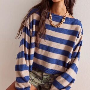 Free People Blue and Tan Striped Sweater